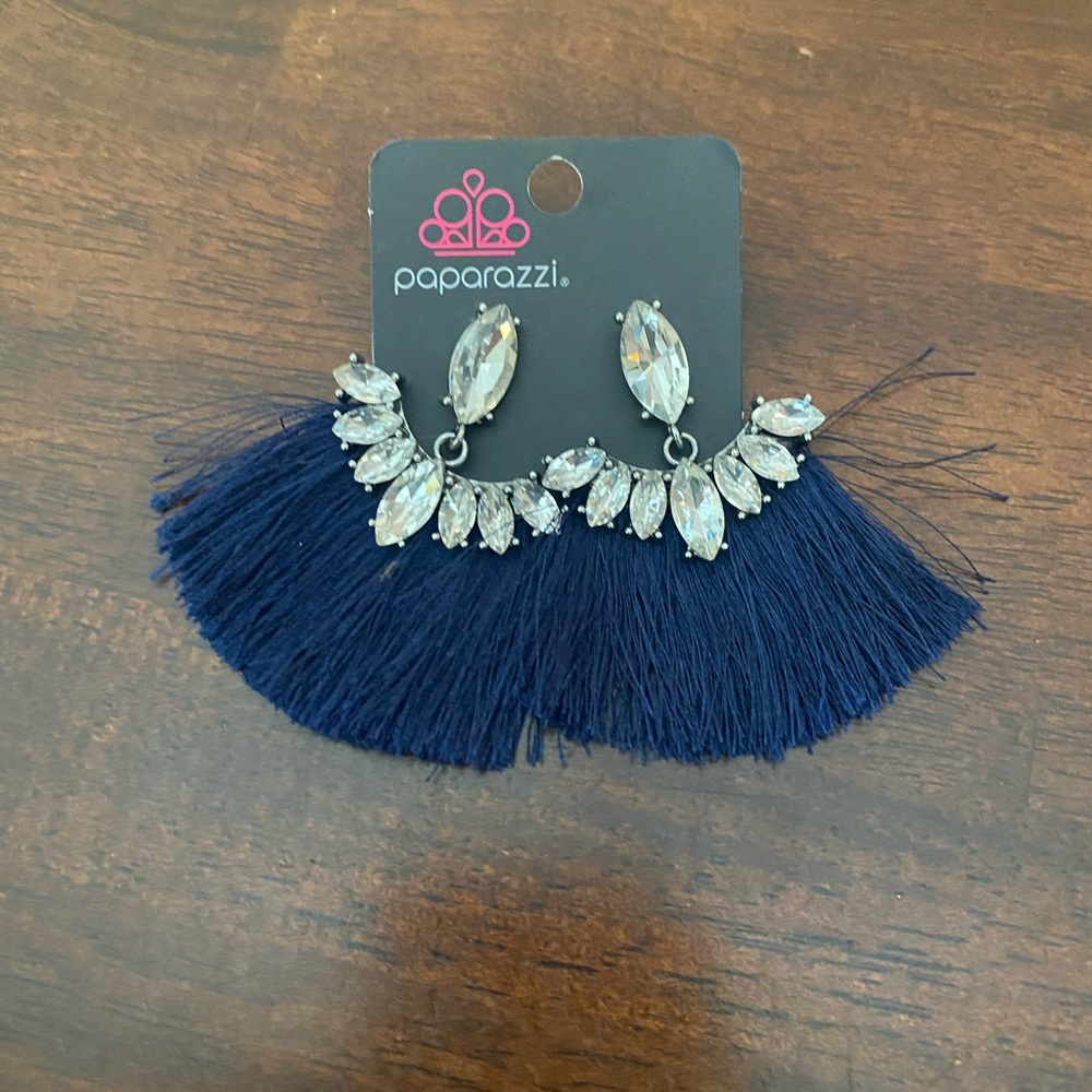 Navy blue tassel earrings with jewels